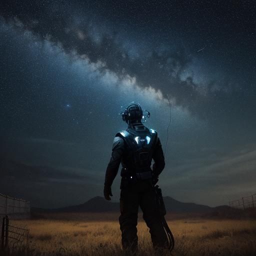 Man standing in his fenced in back yard looking up at the st...