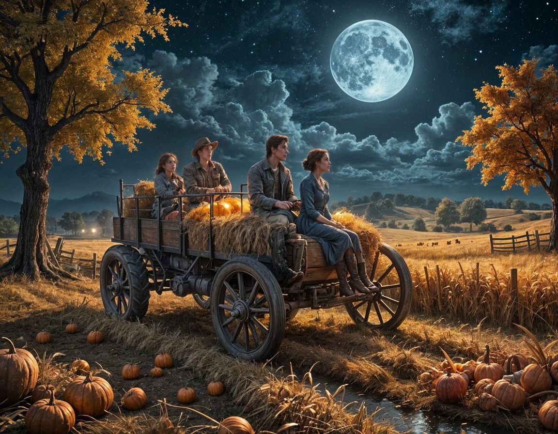 Autumn date night. A couple enjoys a hayride under a harvest moon. The air is crisp and cool, and the ...  by @Ikre