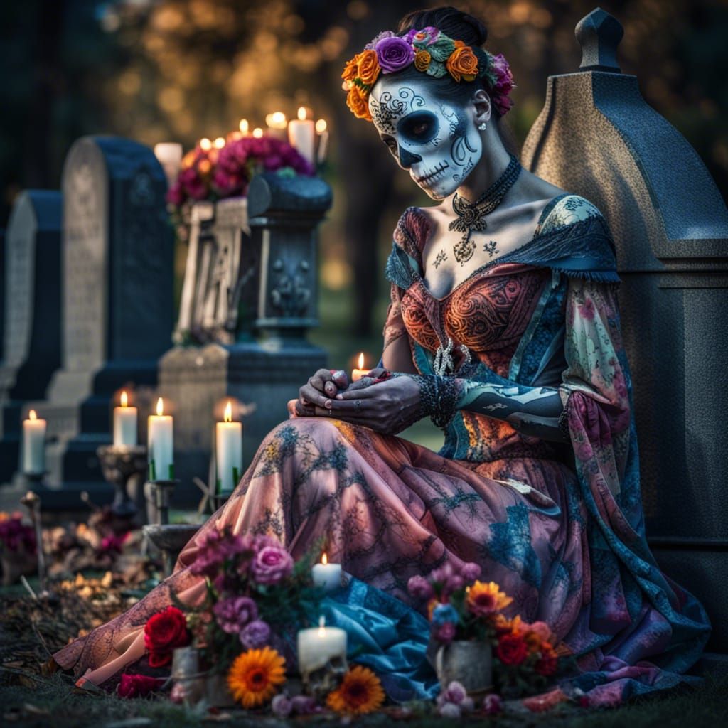 Colorful woman in a large beautiful dress with a skull and flowers painted on her face kneeling by a ...  by @RabbitL