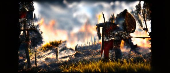 Viking stabs sword through knight burnt landscape 8k resolut...
