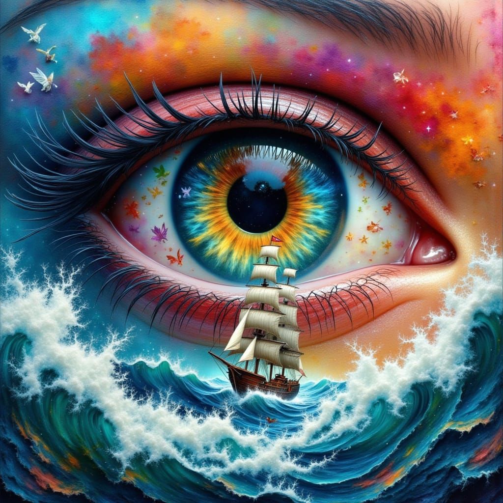 high definition photo collage, double exposure , the close up  tiny  ship going out of giant eye   , swirling waves, vibrant colors portrait...