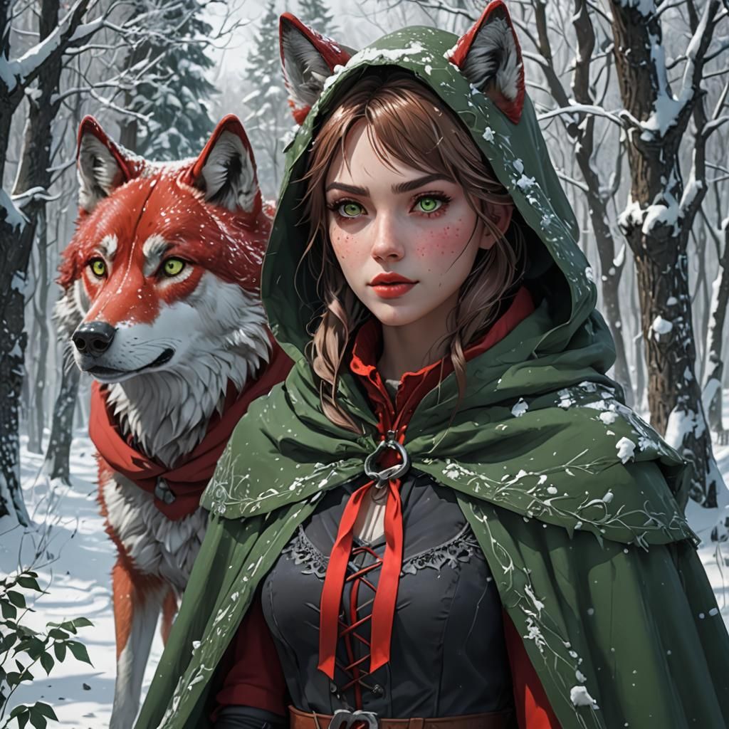 The adult young woman with green eyes, little red riding hood, with a ...