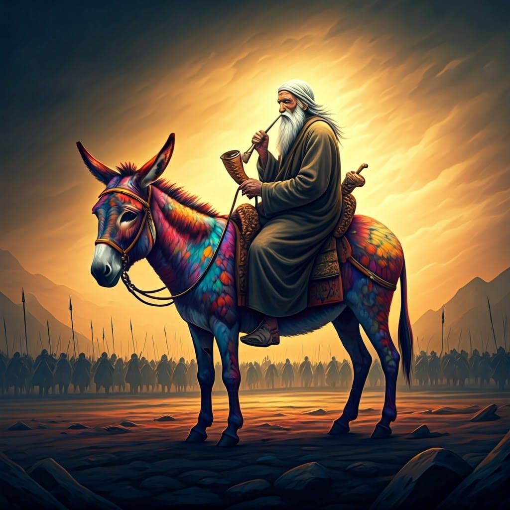 Hopeful Donkey Amidst Turmoil in Vibrant, Dreamlike Landscap...