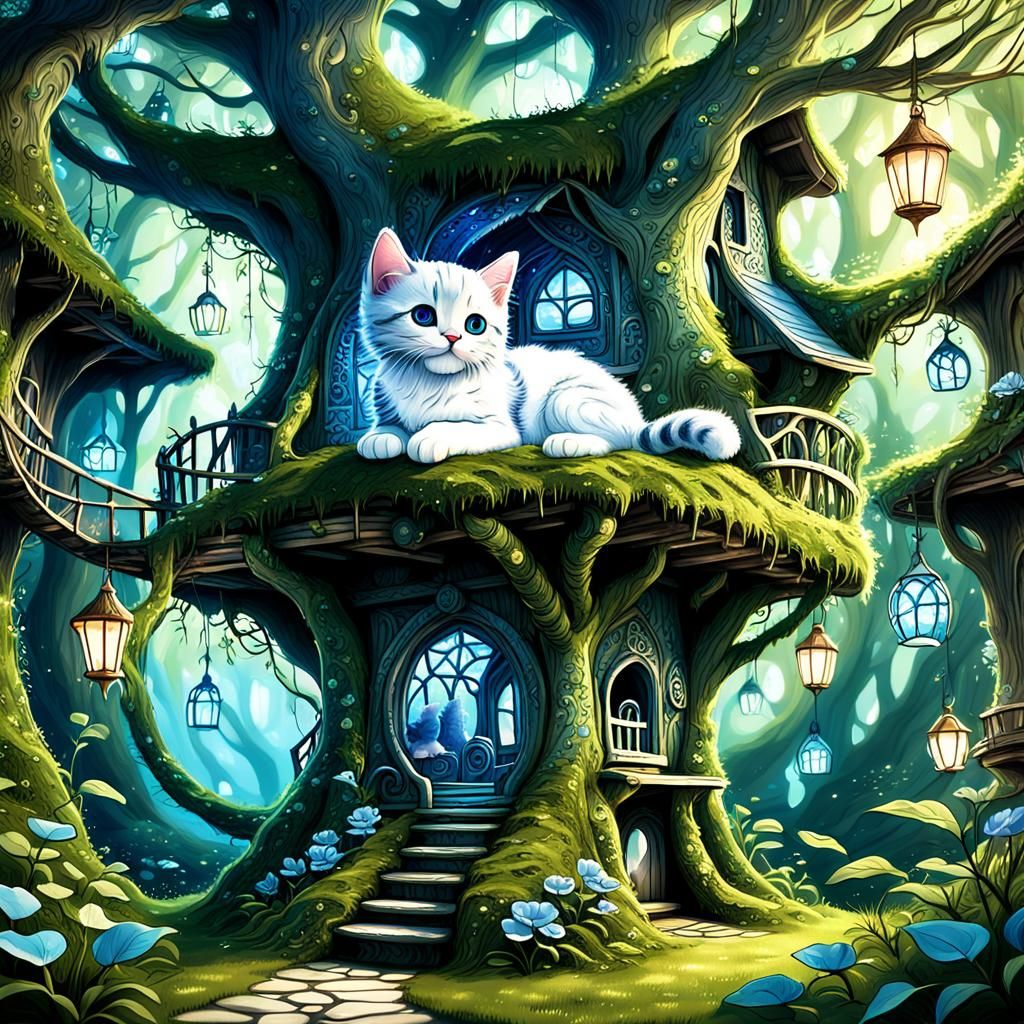 Kitten in Mossy Treehouse: Fantasy Concept Art