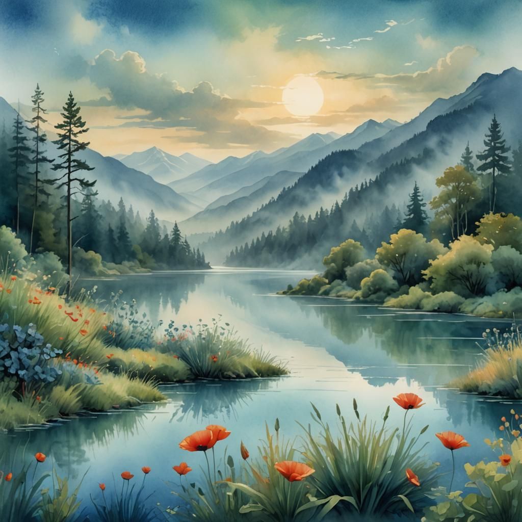 Ethereal Blue Waterscape in Watercolor Style