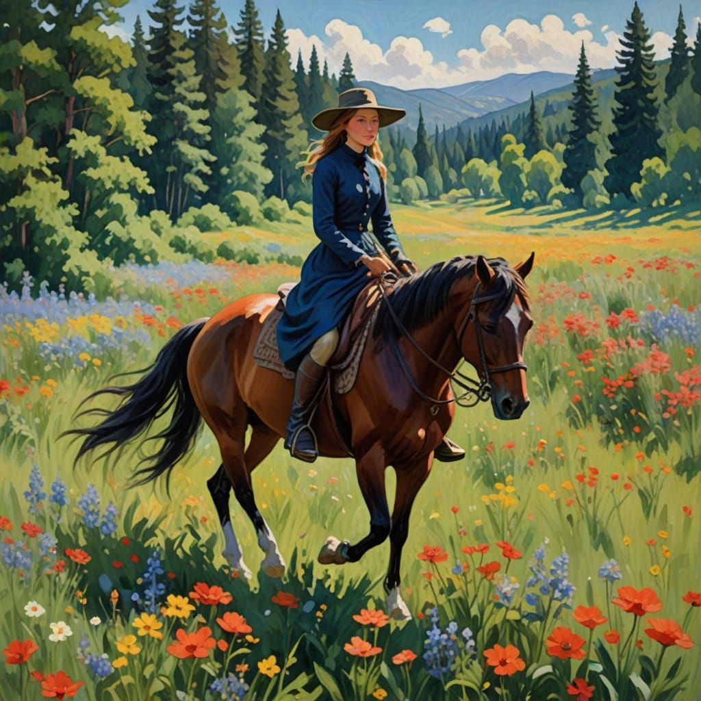 Woman in Elegant Dress Riding Horse Through Vibrant Wildflow...
