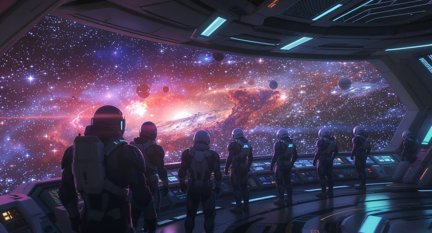 A diverse crew of astronauts in sleek, futuristic suits stand on the bridge of a starship, gazing out ...  by @Hereami