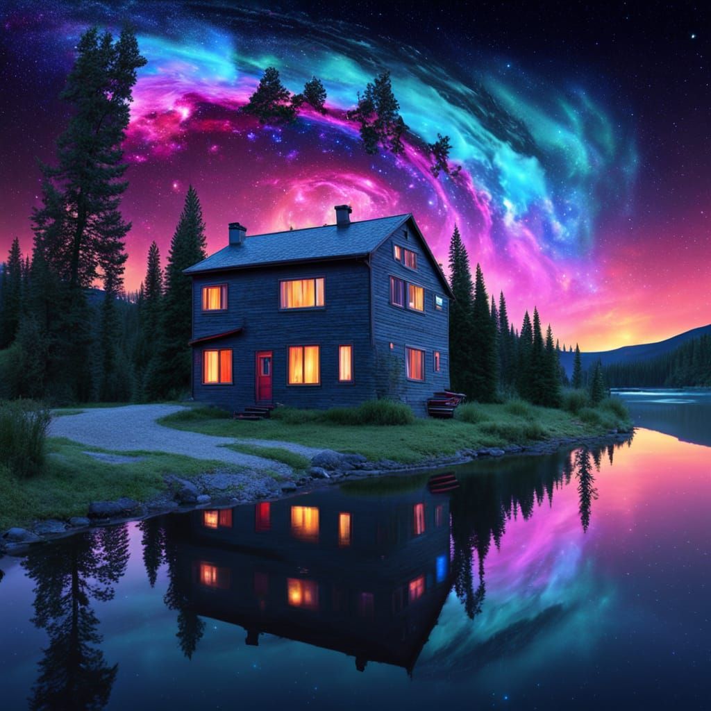 Surreal Pencil House Beside Cosmic River
