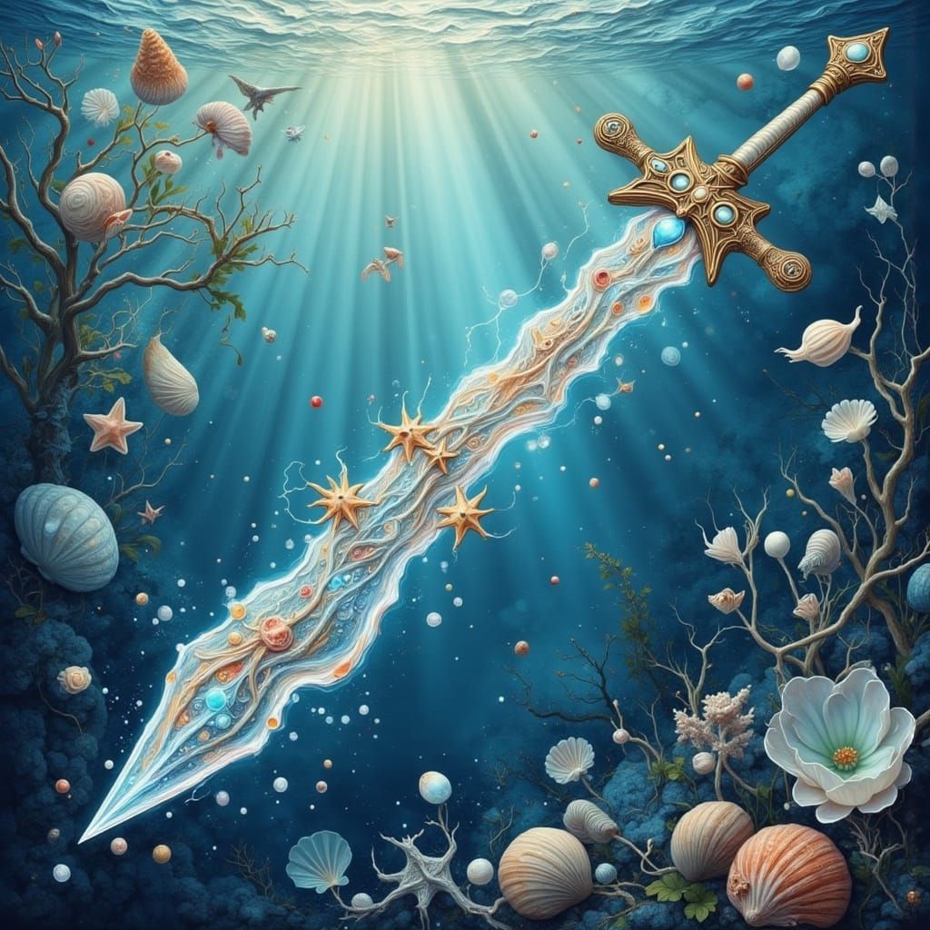 <lora:Magical Water Flux:1.0> <lora:HELLHOUND HOWL:1.0> Ethereal water sword, its translucent blade resembling ...  by @  debster