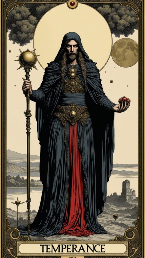 "Temperance" tarot card, beautiful, foreboding, ornate borders, tarot card by Dürer <lora:Tarot by Durer:0.7>
