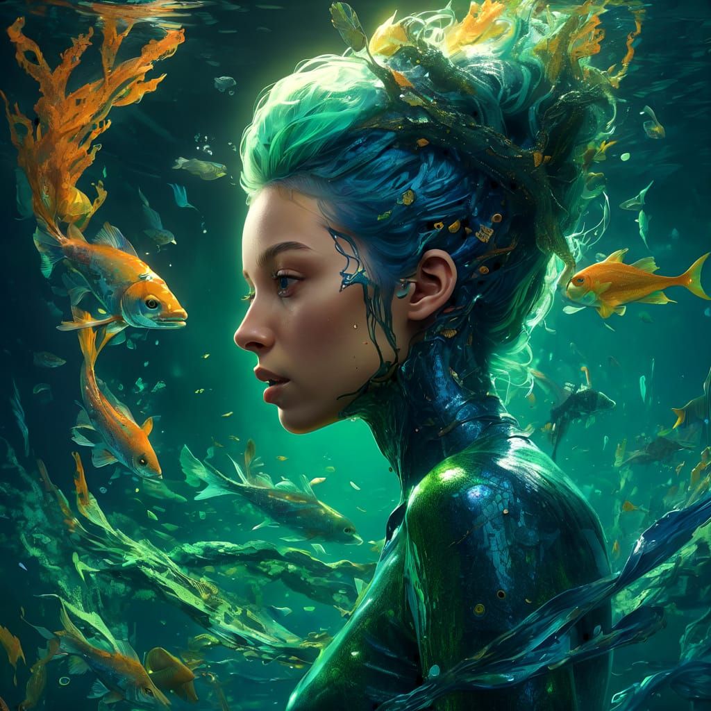 Kelpies and Sea Woman in Atlantis: 3D Surrealism