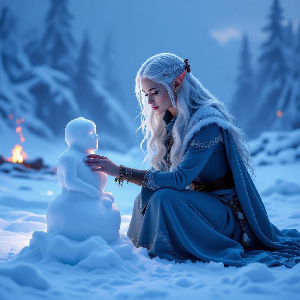 Silver-Haired Elf Maiden and Snow Sculpture on Battlefield