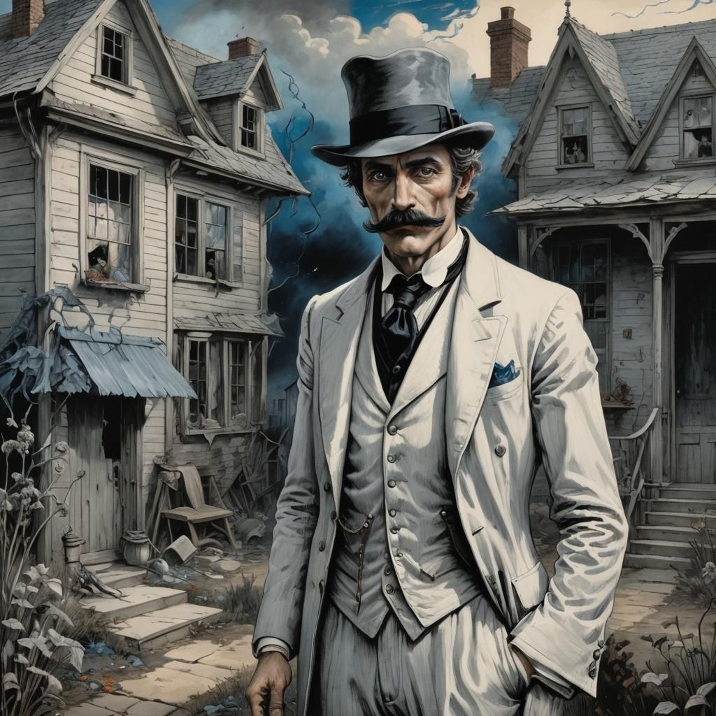 1920-style dandy man with blue eyes, mustache, white and gre...