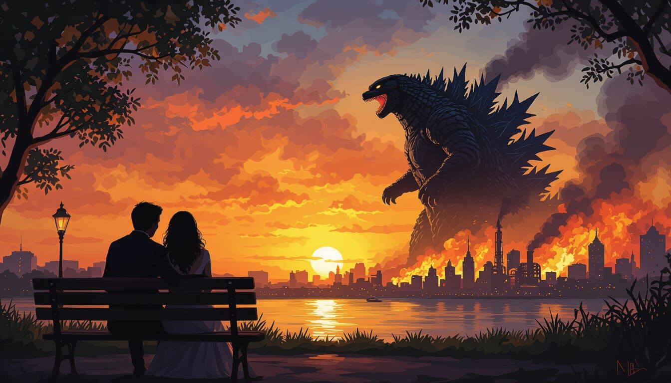 Couple's Embrace Amidst Godzilla's City Rampage Oil Painting