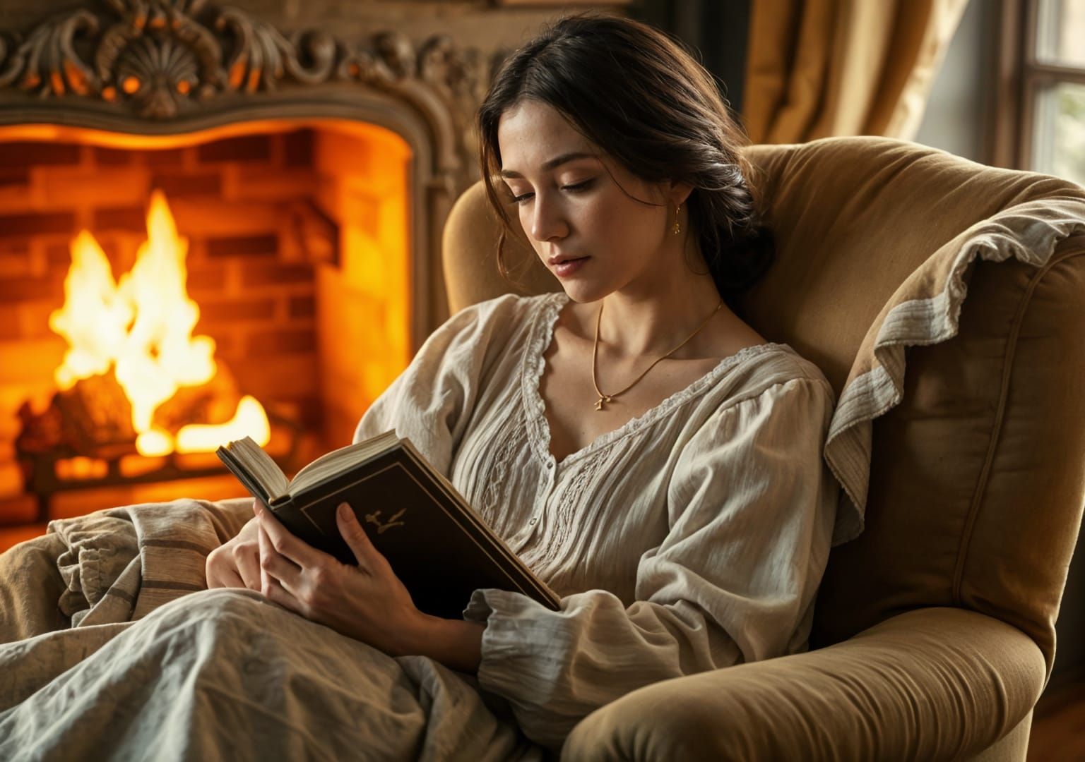 A peaceful living room scene with a glowing fireplace, soft blankets, and a good book, beautiful renaissance ...  by @Jack-Mike