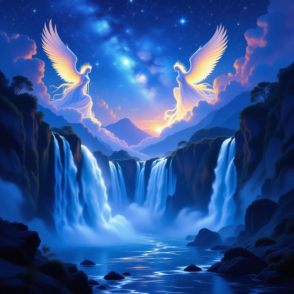 «Waterfalls of Samothraki glowing under a starry sky, with mythical creatures made of light appearing.»
