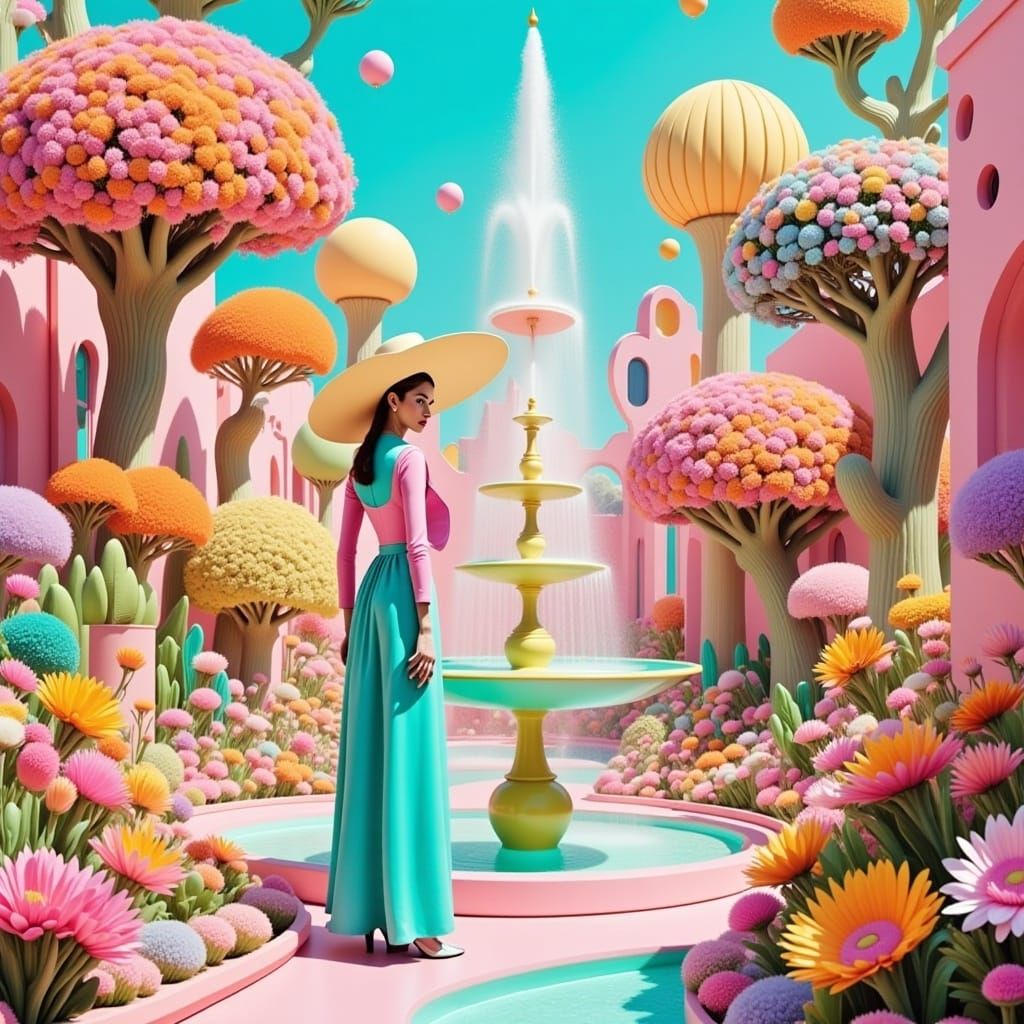 <lora:Sugar Rush:1.0> hyperrealism, retrofuturism, pastel, bubblegum style, a woman standing in a flower garden with a fountain and retrofut...