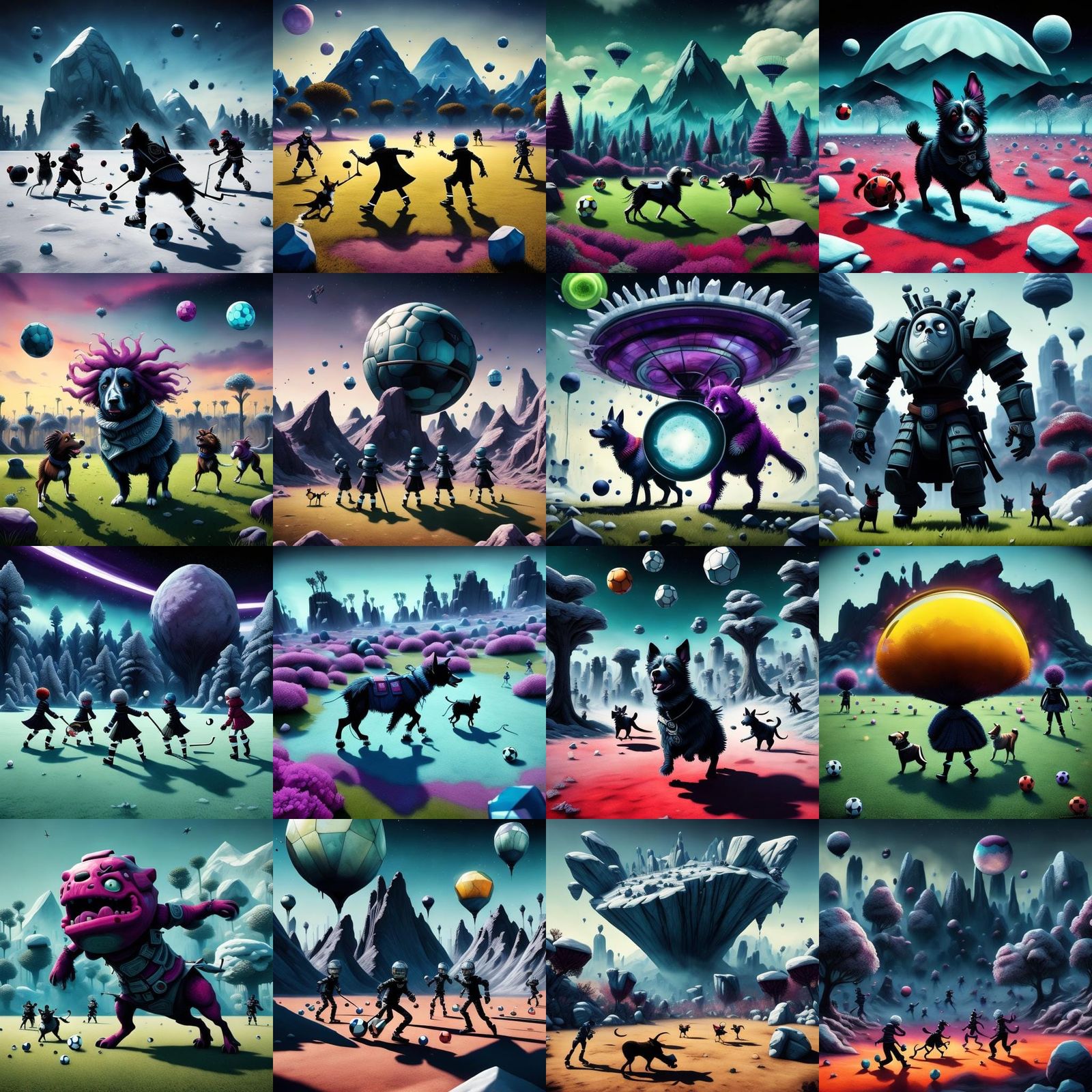 <lora:Dark Whimsy DS8:1.0> Two on dogs playing soccer in a h...