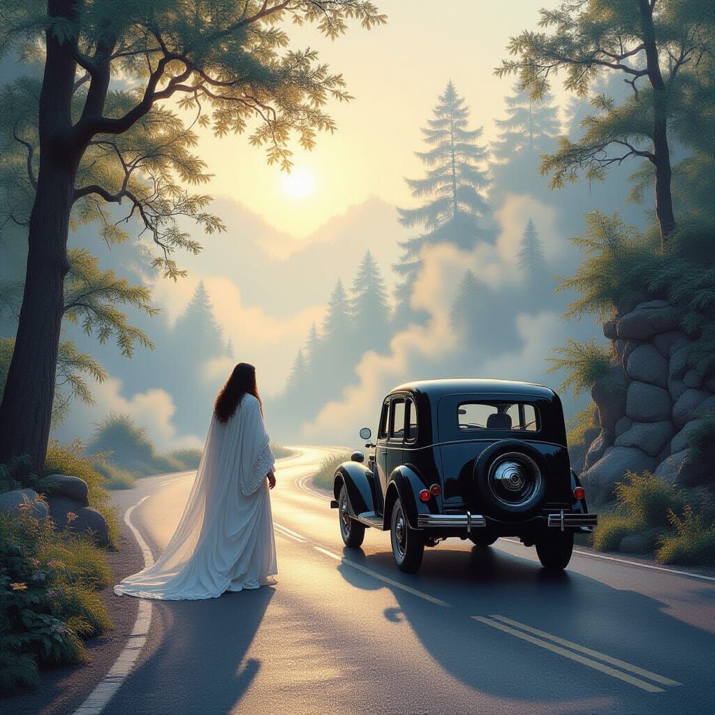 Man Stops Vehicle on Mystical Road in Dreamy Style