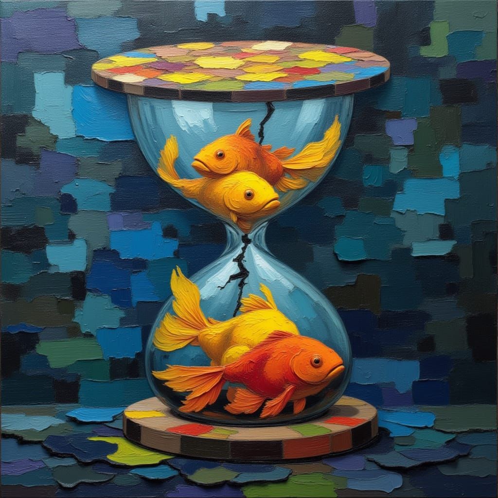 <lora:MJ7 Surreal Painting:1.0> A cracked hourglass filled with swimming goldfish; thick impasto oil paint acrylic brush strokes impression...