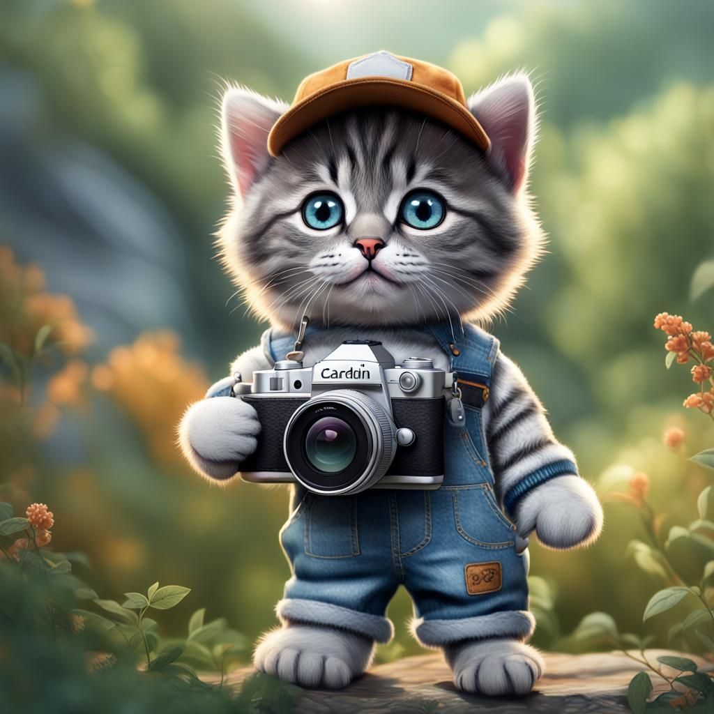 Bug-eyed fluffy ash kitten, dressed in overalls, a cap, clot...