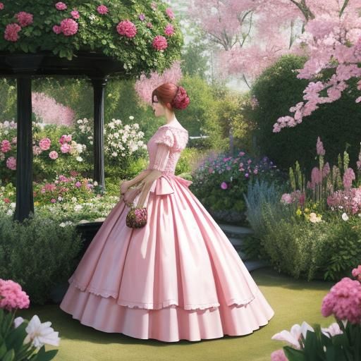 A woman in a pink silk dress in a garden