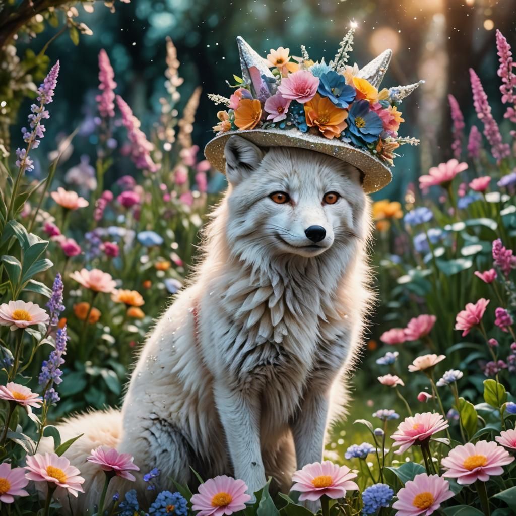 Arctic Fox in Garden with Flowered Hat