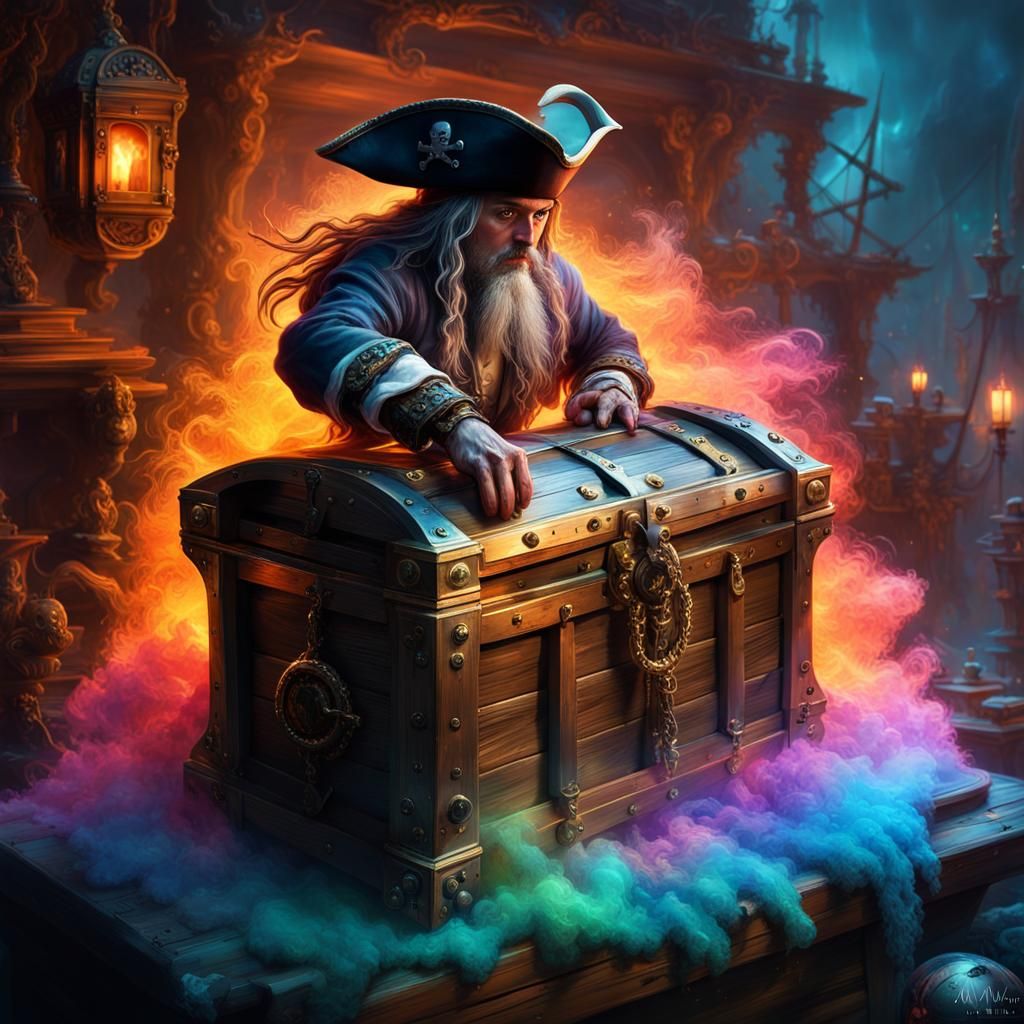 Miniature intricate pirate coming out of a  fantasy treasure...