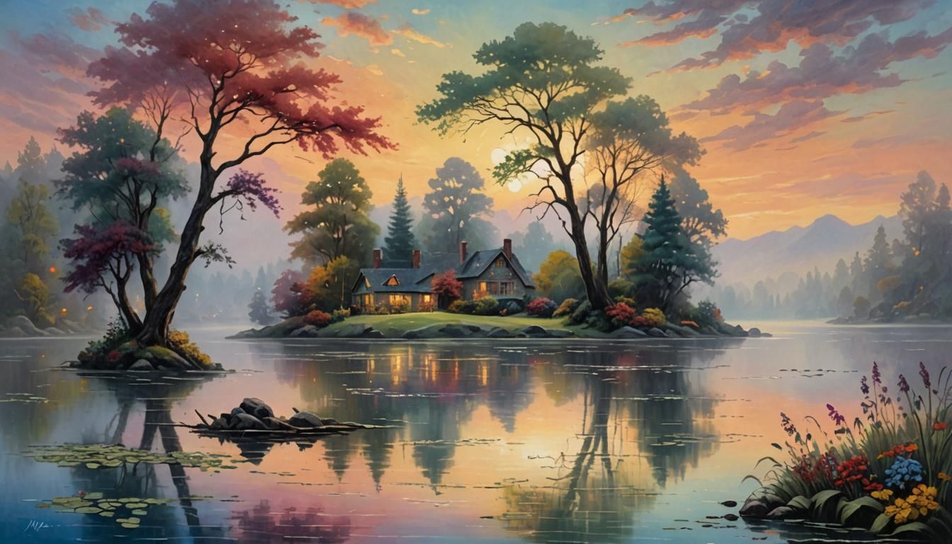 An impressionist acrylic painting of a serene lakeside scene...