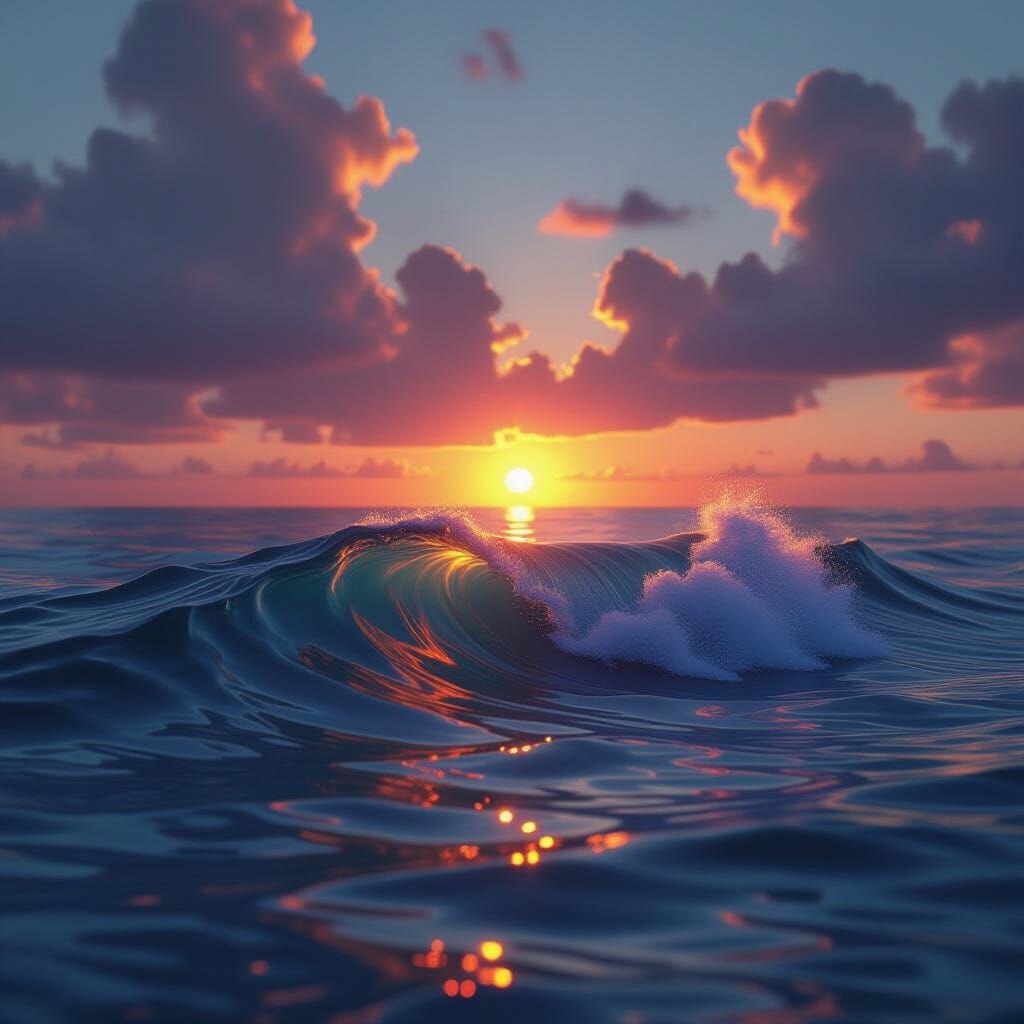 Transparent Fire Wave Crashes on Calm Sea