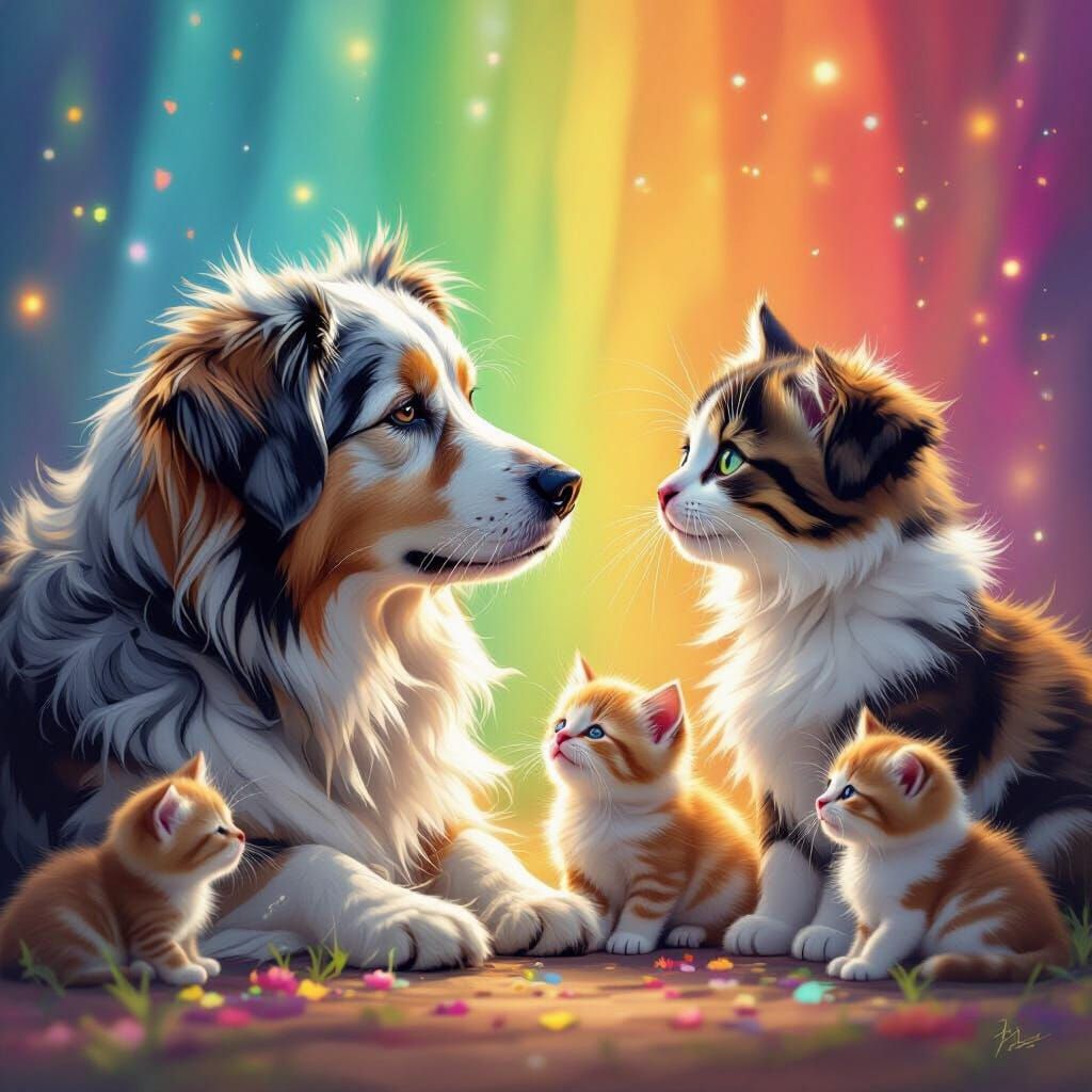 an old dog and cat looking at precious kittens and puppies , colorful background