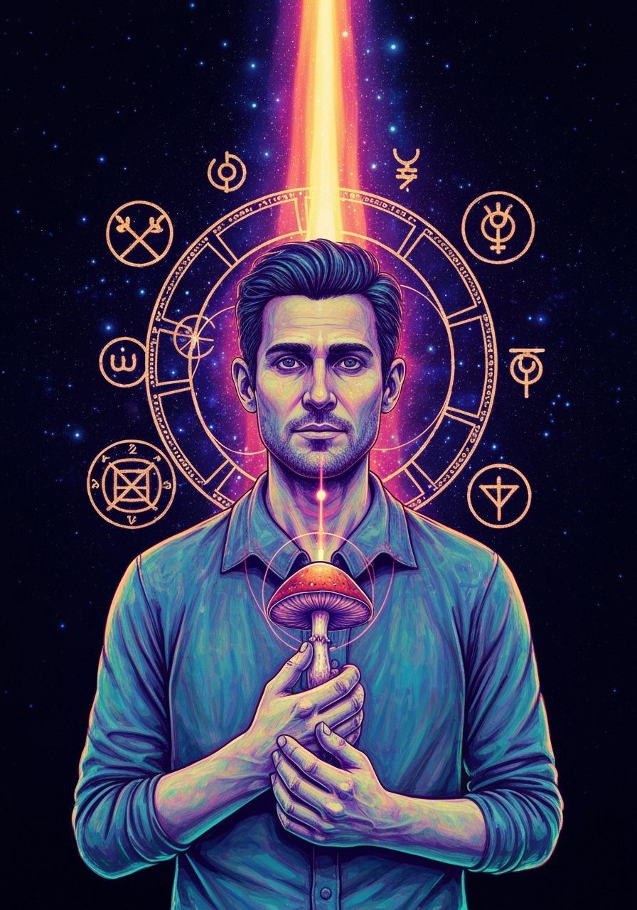 Cosmic Mushroom Man Surrounded by Esoteric Symbols