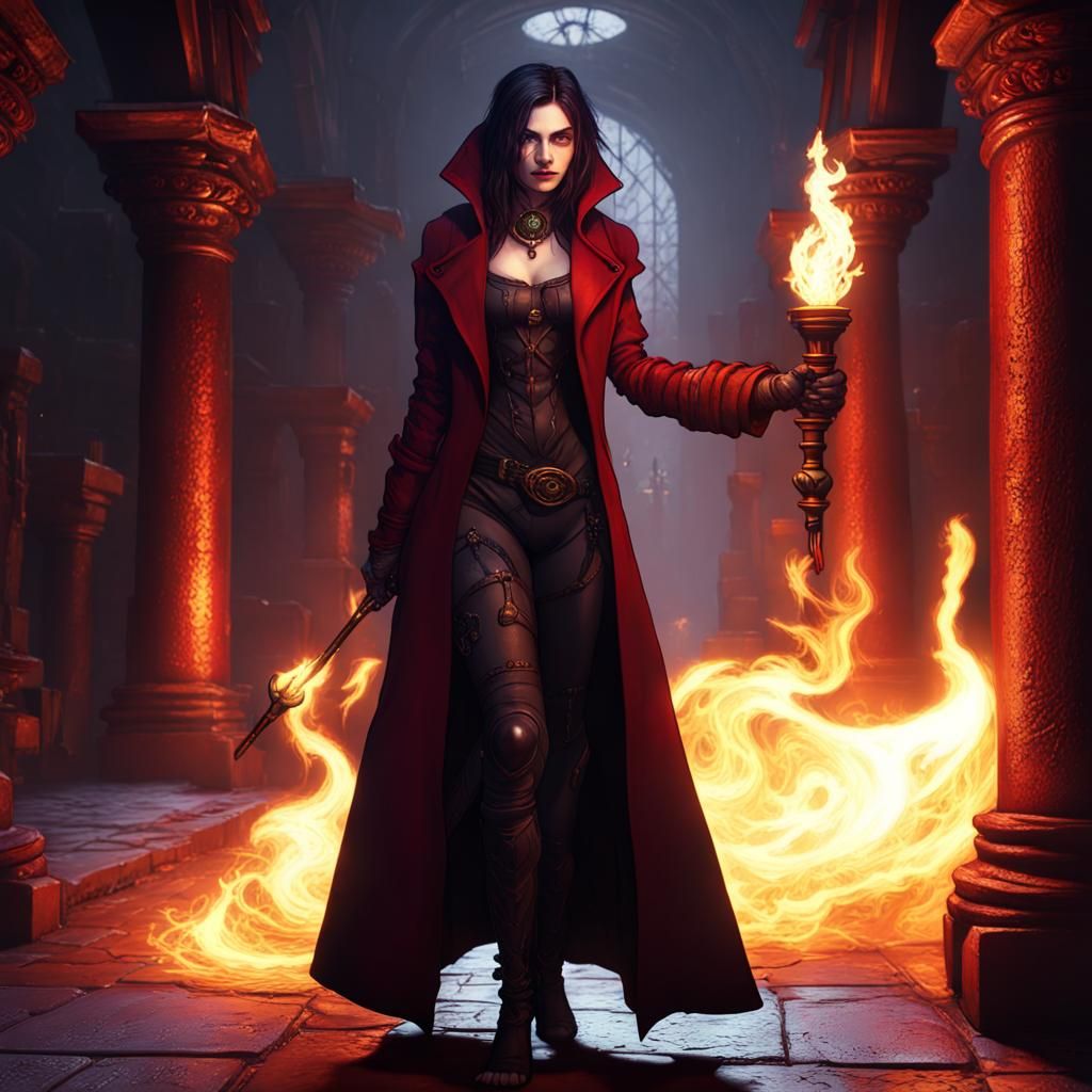 A goth female wearing a dark red long coat hoding a torch in...
