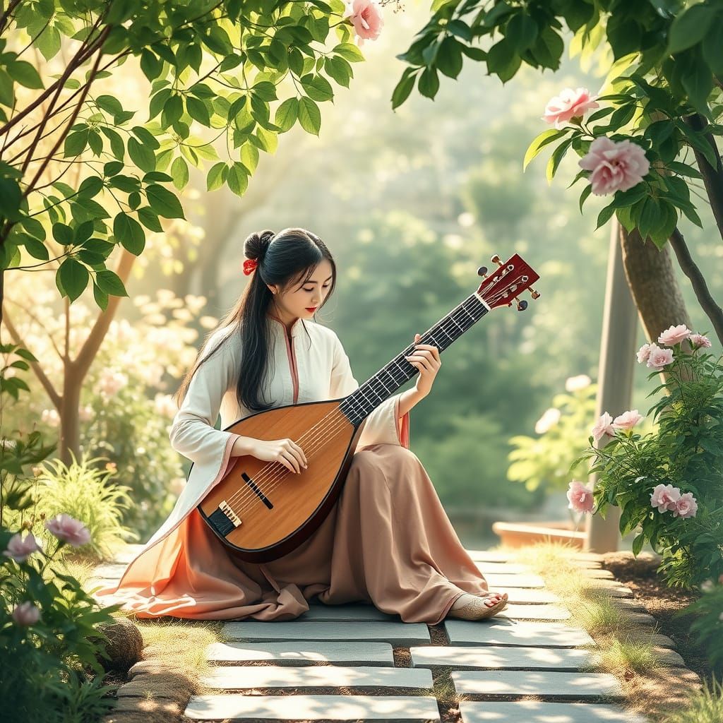 A Serene Woman Plays the Guqin in a Tranquil Chinese Garden