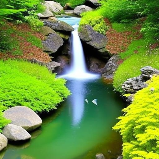 Secret flower garden with a mountain stream watching the fis...