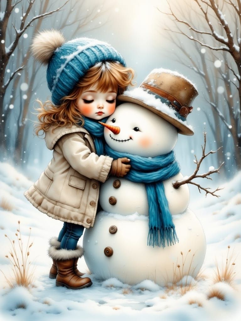 Child Hugs Snowman in Gentle Winter Landscape