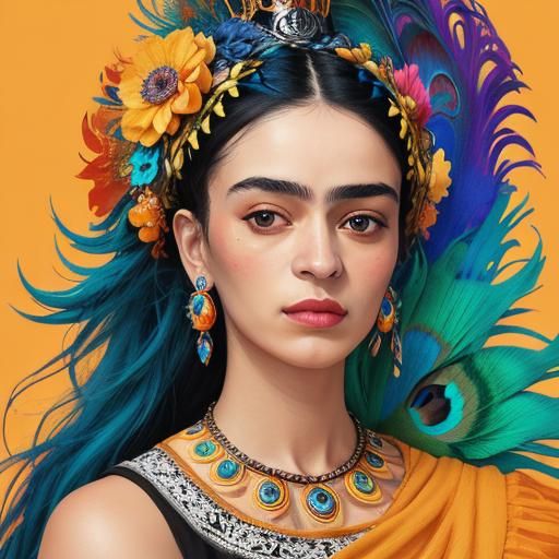Beautiful woman with blue hair, crown made out of orange flo...