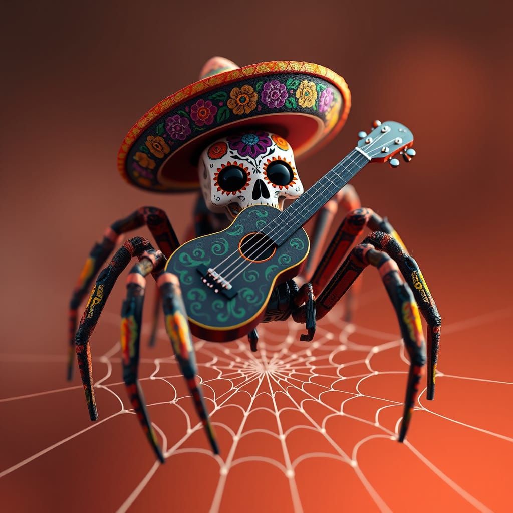 A low-poly, intricately detailed, Day of the Dead-inspired spider sits on a delicate, hand-woven web ...  by @MythsCreator
