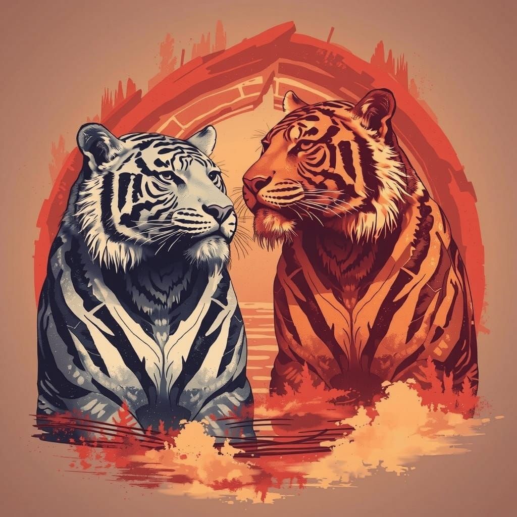 Two Tigers Clash in Illustrative Graphic Style