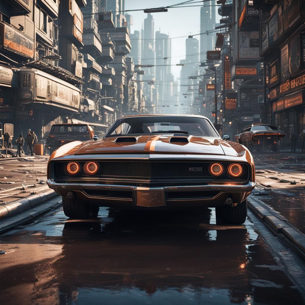 April in futuristic city in muscle car, strong difference ve...