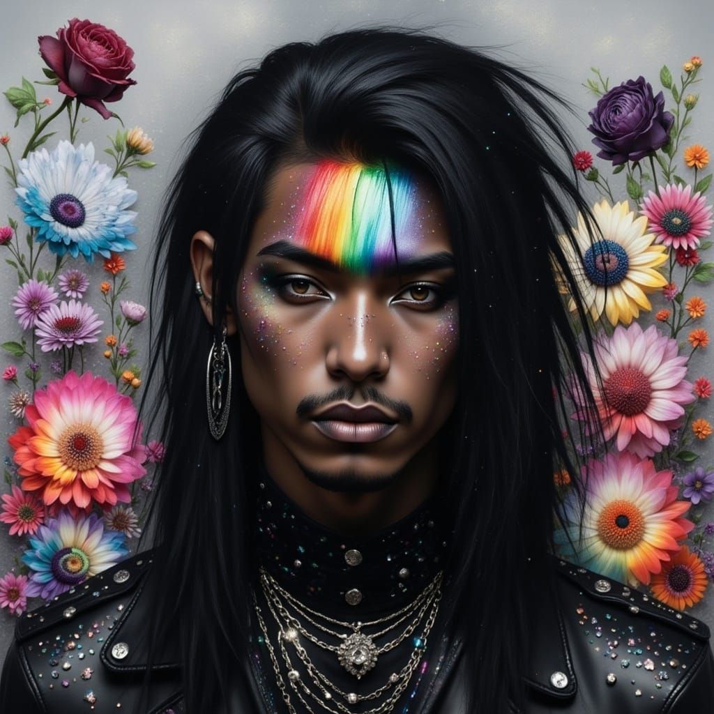 <lora:Special Intensity:1.0> Oil painting glamorous rainbow and black clothed black smiling goth punk metalhead young man, glam rocker man,...