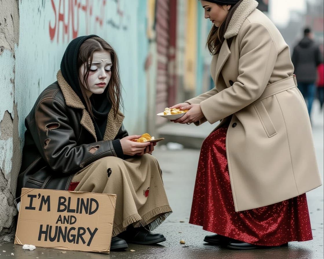 Gritty documentary photograph of a blind female beggar getting food from a woman in red glitter gown