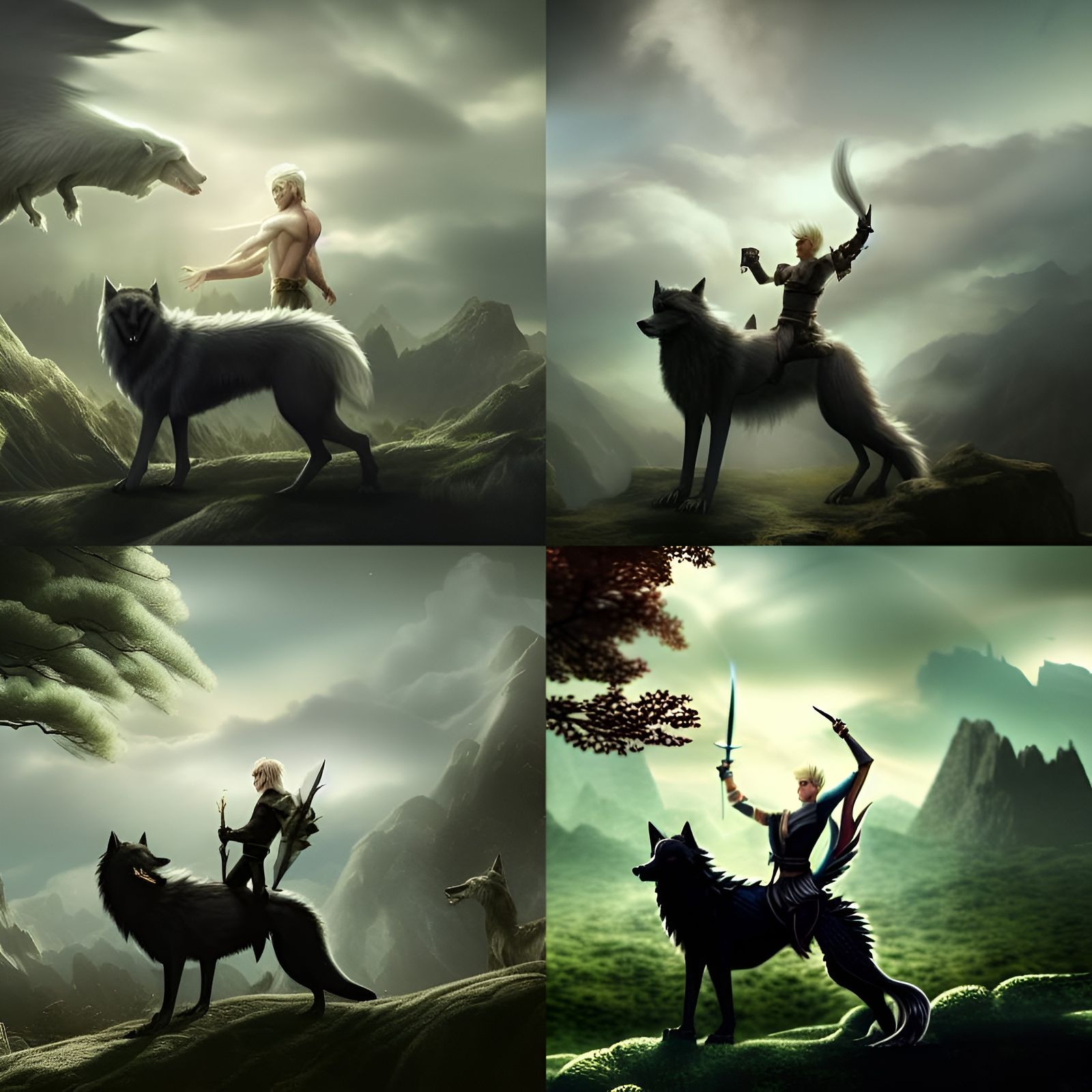Elf Man Rides Giant Wolf in Fantasy Forest