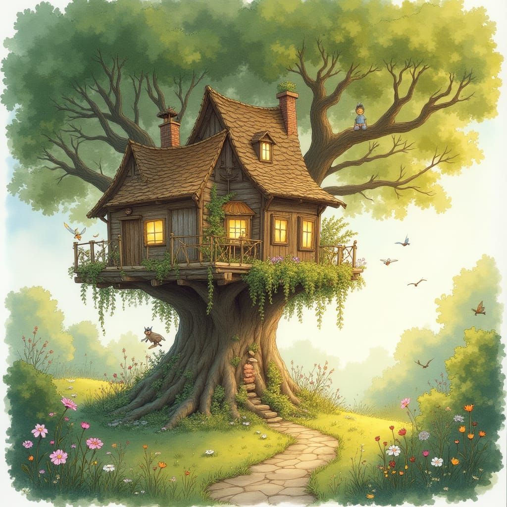 Enchanted Forest Treehouse in Watercolor Style
