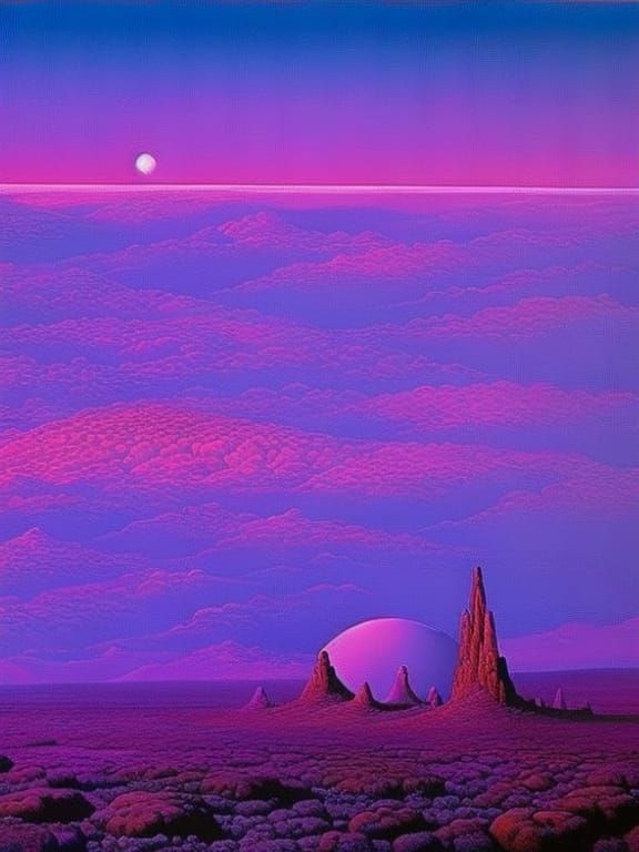 Purple Planets And Clouds In A Purple Sky Over A Purple Mountainous