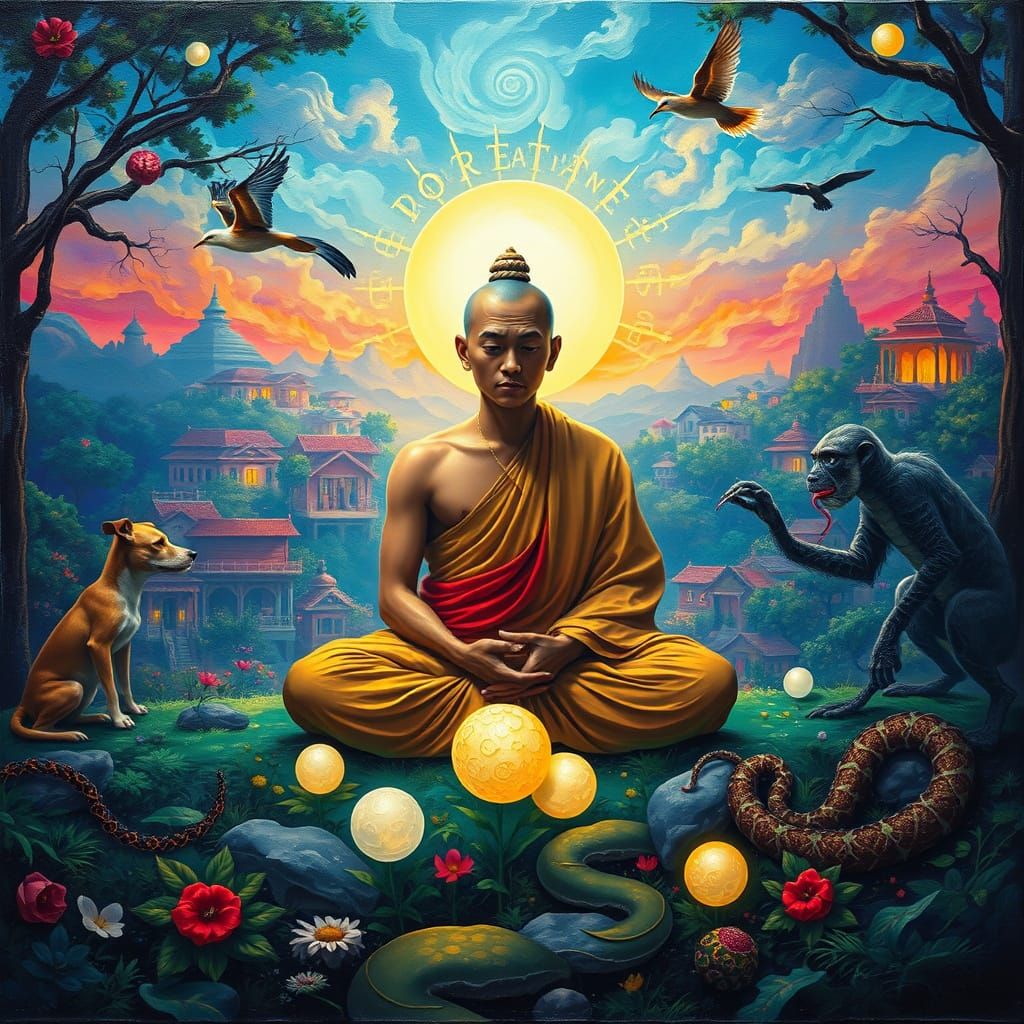 Monk Surrounded by Symbolic Beings in a Vibrant Steampunk Vi...