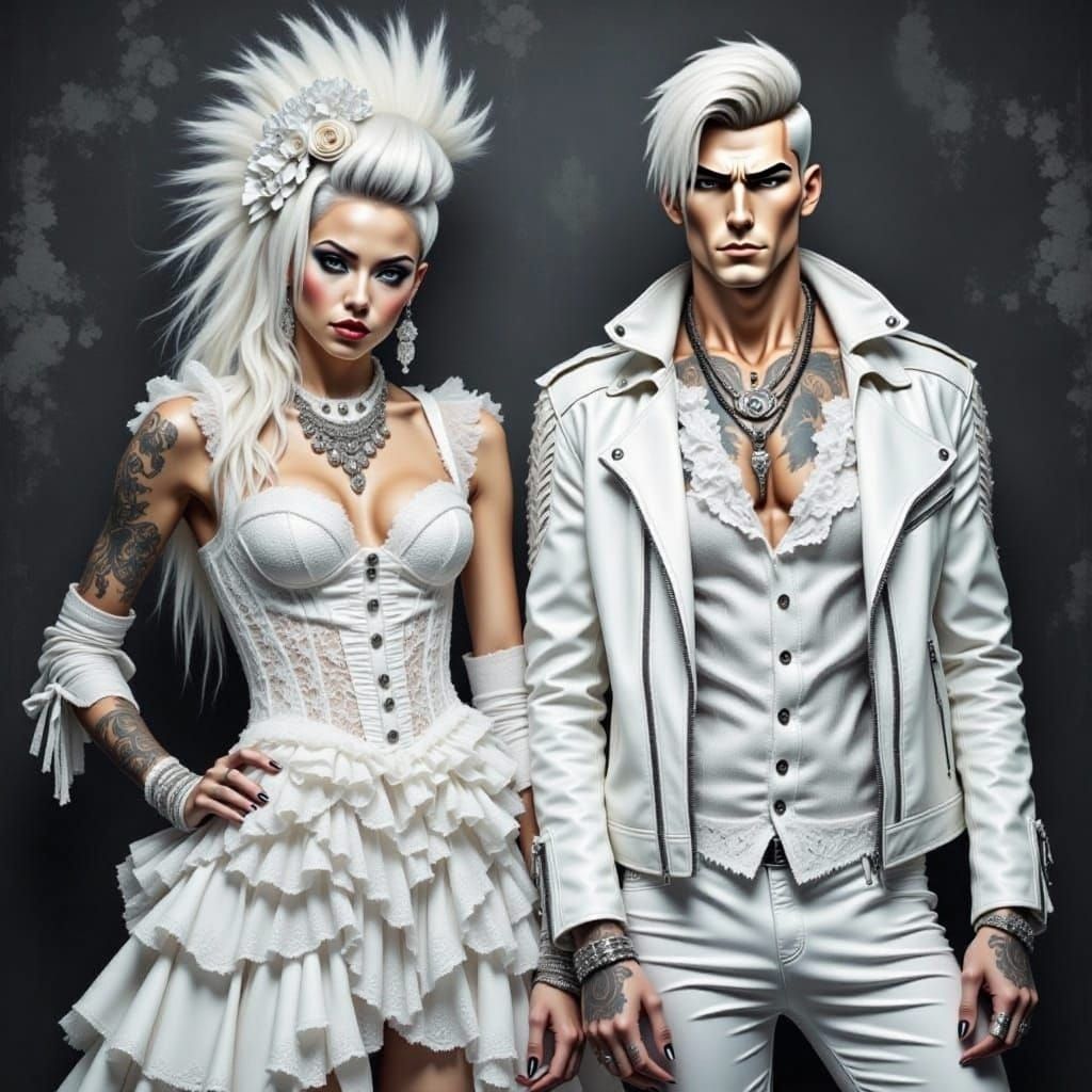 Punk White Wedding Day Bride and male groom in all white outfits Bride: White Leather and Lace dress - messy hair alcoho...