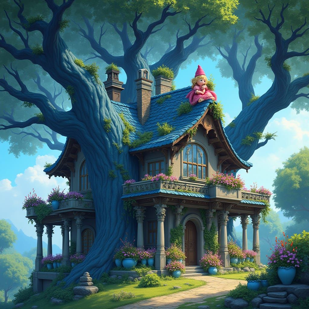Majestic House Surrounded by Towering Blue Trees with Whimsi...