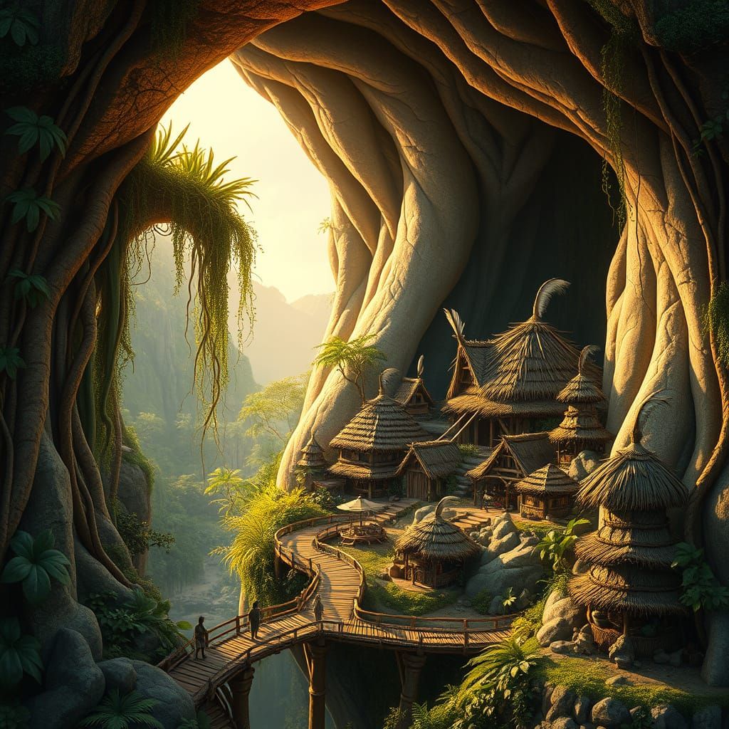 A village of tiny natives inside the ear of a giant