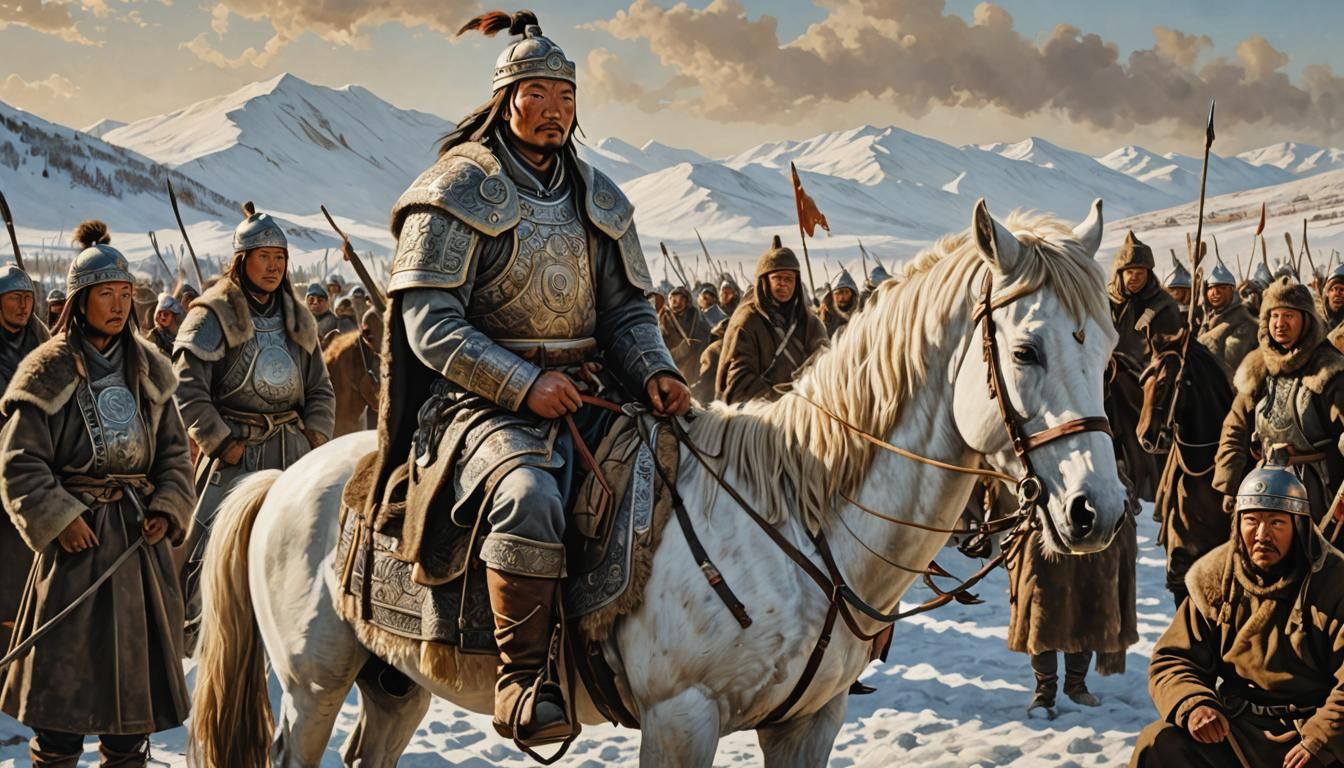 Genghis Khan, a Mongolian who united all the Mongol tribes. Very early morning. He sits on his large pure white horse, preparing for battle